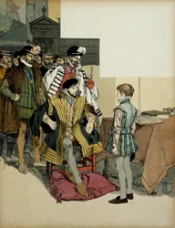 Kungen av Frankrike Henri II (1519-1559) omgiven av sina herrar gillar att ifrågasätta Henrik IV (1553-1610) som ett barn för sina repliker. Illustration av Hermann Vogel (1856-1918) i "" Henri IV""