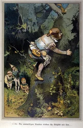 Den vågade pojken var allas åtlöje. Saga om bröderna Jacob Grimm (1785-1863) och Wilhelm Grimm (1786-1859). Illustration av Vogel.