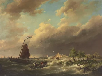 Stormigt kustlandskap med stad i bakgrunden