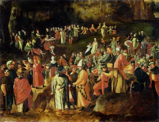 Johannes Döparen predikar för multituden (olja på pannå)