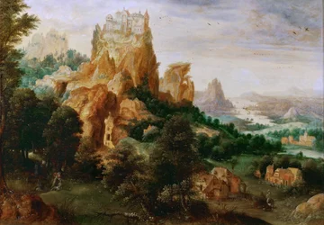 Landskap med liknelsen om den barmhärtige samariten - Landskap med liknelsen om den barmhärtige samariten - Henri de Herri met de Bles (1510-1550). Olja på trä, ca 1540. Mått: 29x42cm. Konsthistoriska museet, Wien