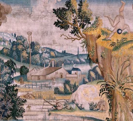 flamländsk gobeläng. Serie fyra gobelänger efter Hieronymus Bosch. Sankt Antonius i bön (San Antonio en oración). Andra gobeläng i serien. Modell Inspirerad av Hieronymus Boschs verk. Tillverkning Okänd verkstad, Bryssel. Före 1560. Tyg Go