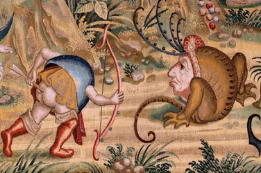 flamländsk gobeläng. Serie fyra gobelänger efter Hieronymus Bosch. Sankt Antonius i bön (San Antonio en oración). Andra gobeläng i serien. Modell Inspirerad av Hieronymus Boschs verk. Tillverkning Okänd verkstad, Bryssel. Före 1560. Tyg Go