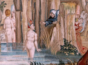 flamländsk gobeläng. Serie fyra gobelänger efter Hieronymus Bosch. Sankt Antonius i bön (San Antonio en oración). Andra gobeläng i serien. Modell Inspirerad av Hieronymus Boschs verk. Tillverkning Okänd verkstad, Bryssel. Före 1560. Tyg Go