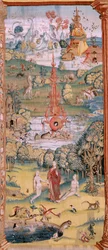 flamländsk gobeläng. Serie fyra gobelänger efter Hieronymus Bosch. The Garden of Earthly Delights (Jardín de las Delicias). Fjärde gobelängen i serien. Modell Inspirerad av Hieronymus Boschs verk. Tillverkning Okänd verkstad, Bryssel. Före 1560. Fa