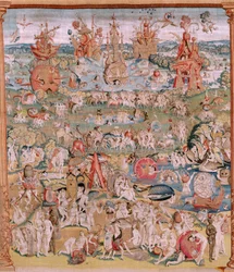 flamländsk gobeläng. Serie fyra gobelänger efter Hieronymus Bosch. The Garden of Earthly Delights (Jardín de las Delicias). Fjärde gobelängen i serien. Modell Inspirerad av Hieronymus Boschs verk. Tillverkning Okänd verkstad, Bryssel. Före 1560. Fa