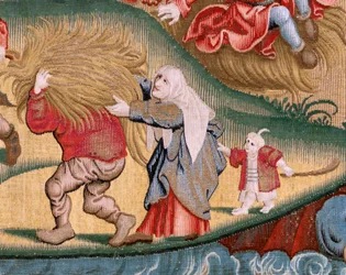 flamländsk gobeläng. Serie fyra gobelänger efter Hieronymus Bosch. Människolivets vedermödor (Tribulaciones de la vida humana). Tredje tapeten i serien. Modell Inspirerad av Hieronymus Boschs verk. Tillverkning Okänd verkstad, Bryssel. Före 1560