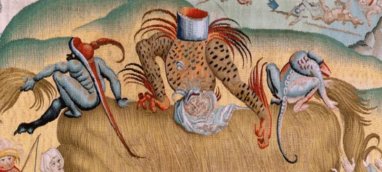 flamländsk gobeläng. Serie fyra gobelänger efter Hieronymus Bosch. Människolivets vedermödor (Tribulaciones de la vida humana). Tredje gobelängen i serien. Modell Inspirerad av Hieronymus Boschs verk. Tillverkning Okänd verkstad, Bryssel. Före 1560