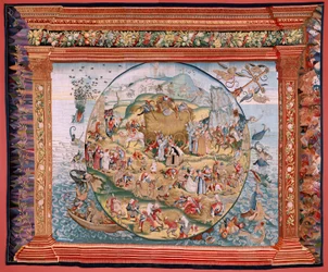 flamländsk gobeläng. Serie fyra gobelänger efter Hieronymus Bosch. Människolivets vedermödor (Tribulaciones de la vida humana). Tredje tapeten i serien. Modell Inspirerad av Hieronymus Boschs verk. Tillverkning Okänd verkstad, Bryssel. Före 1560