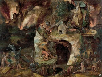 ""Underjordens landskap"" (Infernolandskap) Målning från Jerome Boschs skola omkring 1561 Dim 49x64 cm Museo del Prado, Madrid
