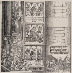 Maximilian som arkitekt, med en staty av S:t Leopold och byster av Maximilians Ance..., 15171518.