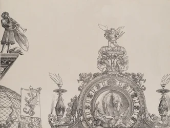 The Pinnacle of the Right Portal, och en trumpetare och standard från Central Portal, fr..., 1515.