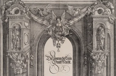Den övre delen av ingången till den centrala portalen med en bevingad figur som håller I..., 1515.