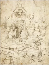 Infernal Landscape par Bosch, Hieronymus (ca 1450-1516). Penna, brunt indiskt bläck på papper, ca. 1500, Privat samling