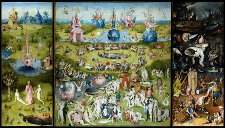 ”Lustarnas trädgård”. Vänster panel: Adams och Evas skapelse. Mittpanelen: De älskande njuter av frukterna. Höger panel: helvetet. Triptyk av Hieronymus van Aeken, kallad Hieronymus Bosch (1450-1516)