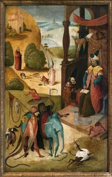 Saint James the Major och magikern Hermogene. Målning av Hieronymus Van Aeken (Aken) dit Jerome Bosch (1450-1516), olja på trä
