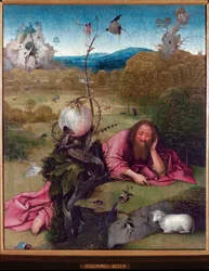 Saint John the Baptist in the Desert - Målning av Jeronimus van Aken, av Jerome (Hieronymus) Bosch (ca 1450 -1516), olja på trä, 48,5x40 cm, ca 1489 - Madrid, Museo Lazaro Galdiano