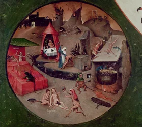Bordsskiva med de sju dödssynderna och de fyra yttersta tingen, detalj av helvetet, ca 1480