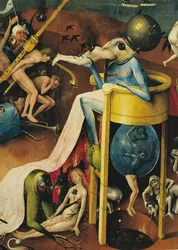 Lustarnas trädgård: Helvetet, triptykens högra flygel, detalj av den blå fågelmänniskan på en pall, ca 1500 (detalj av 3425)