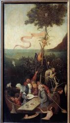 The Nave of the Crazy Scene för en grupp berusade galningar. Målning av Hieronymus Van Aeken (Aken) dit Jerome Bosch (1450-1516)