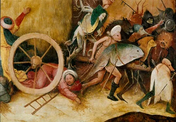Hövagnen eller Hötriptyken (hövagn): detalj av mittpanelen. Monsterfigurer, antropomorfa gestalter och en man som faller under ett hjul. Målning av Hieronymus Van Aeken (Aken), kallad Hieronymus Bosch (1450-1516)