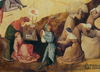 Tanddragaren, säckpipsspelaren och träsamlarna, detalj av centralpanelen i The Haywain Triptych, ca 1515 (detalj av 3429)