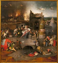 Frestelsernas triptyk - mittdelen: den helige Antonius den stores frestelse, även den helige Antonius eremiten eller den helige Antonius abboten. Målning av Hieronymus van Aeken, kallad Hieronymus Bosch (1450-1516), omkring 1500