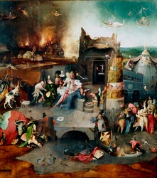 Tryptik av frestelser: "" The temptations of Saint Anthony"" Central panel som representerar eremiten Sankt Antonius den store (251-356) (eller Sankt Antonius eremiten eller Sankt Antonius abbe) som lider av djävulens frestelser i öknen. Målar av