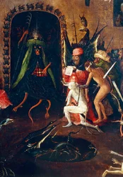 Tryptic of the Last Judgement, högra panelen. Helvetet med halvt människa, halvt djurmonster. Detalj (målning på trä, ca 1504)