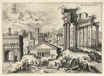 Utsikt över Forum Romanum från Capitolium Ex variis, apvd capitolvm rvinis (...) (titel på objekt) Romerska ruiner (serietitel)