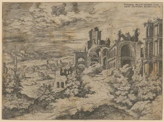 Palatinsruinerna med utsikt över landskapet, blad 3 i serien ”Praecipua aliquot Romanae Antiquitatis Ruinarum Monimenta [...]”