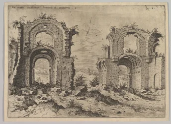 Andra utsikten över Diocletianus bad, från uppsättning av romerska ruiner, 1550.