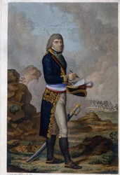 Porträtt av kejsar Napoleon Bonaparte (1769-1821). (Porträtt av kejsar Napoleon Bonaparte). Verk av Hilaire Ledru (1769-1840), gravyr färgad i akvarell, cirka 1810. Fransk konst