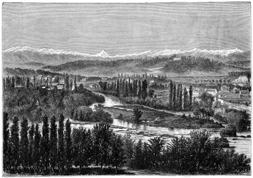Pyrenéerna sett från terrassen på slottet i Pau, Frankrike, 1879
