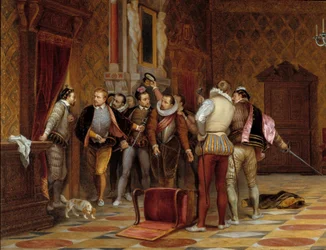 Henrik III (1574-1589) med mördarna av hertigen av Guise (Henrik I av Lothringen, hertig av Guise, kallad den Ärrade)