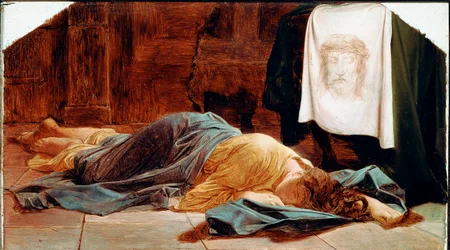 Sankta Veronica Den unga kvinnan svimmar nära det heliga dråpet. Den heliga slöjan representerar Kristi ansikte vars svett Veronique sades ha varit svettig under stigningen till Golgata. Målning av Paul Delaroche (1797-1856) 1800-talet sön. 28x49 cm Pa