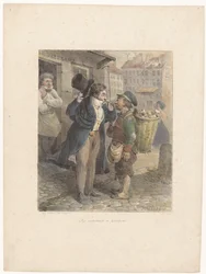 Välklädd herre tänder sin cigarr från pipan till en arbetare i trasor Les extrêmes se touchent (titel på objekt) Litografiska skisser (serietitel) Croquis lithographiques (serietitel på objekt)