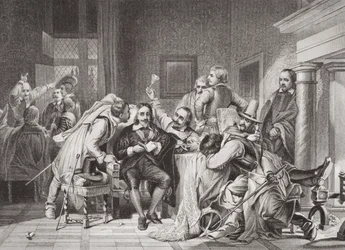 Charles I (1600-49) i vaktrummet förolämpad av Oliver Cromwells soldater, från 