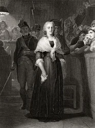 Marie Antoinette inför revolutionsdomstolen den 14 oktober 1793, graverad av William French (ca 1815-1898)