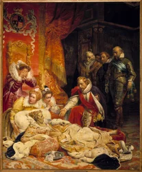 Elizabeth I, Englands drottning, död 1603. Drottning Elizabeth dog av depression och sjukdom den 24/03/1603, omgiven av sina hovmän. Målning av Paul Delaroche