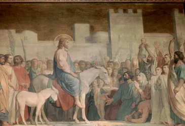 Kristi intåg i Jerusalem på palmsöndagen: invånarna hälsar honom med glädje genom att breda ut sina kläder på marken och vifta med olivkvistar. Detalj av en fresk av Hippolyte Flandrin (1809-1864). 1800-talet, kyrkan Saint-Germain-des-Prés, Paris