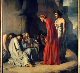Dante och Virgil till helvetet eller danten som leds av virgile ger tröst till den avundsjuka själen Illustration av den gudomliga komedins helvete (Divina Comedia) av Dante Azlighieri (1265-1321) Målning av Hippolithe Flandrin (1809-1864) 1800-talet Dimm 
