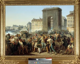 Slaget vid porten Saint Denis 28 juli 1830 Parisiska upproret under revolutionen 1830 eller Trois Glorieuses. Målning av Hippolyte Lecomte (1781-1857). 1830. Dim. 0,43 x 0,60 m. Paris, Musee Carnavalet - Slagsmål vid Porte Saint Denis, 28 juli 1830