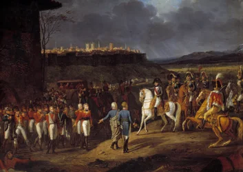 Spaniens kampanj: "" Kejsar Napoleon I introducerades i Astorga, Spanien, engelska fångar och beordrade dem att behandlas med särskild omsorg, januari 1809" Detalj. Målning av Hippolyte Lecomte (1781-1857) 1810 sön. 1,13x1,52 m