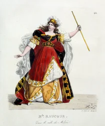 Franska skådespelerskan Mademoiselle Raucourt (död 1815) i rollen som Medee i Comedie Francaise; Litografi av Hippolyte Lecomte (1781-1857)