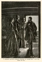 ""Jag beklagar att jag inte har något bättre att erbjuda dig", sa mr Fogg till Fix", ur "Jorden runt på åttio dagar" av Jules Verne (1828-1905), graverad av Henri-Théophile Hildebrand (1824-97).