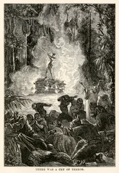 Det hördes ett skräckskrik, från "Jorden runt på åttio dagar" av Jules Verne (1828-1905), graverad av Adolphe François Pannemaker (1822-1900)