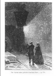 En enorm skugga, föregången av ett starkt ljus, illustration ur Jules Vernes (1828-1905) 