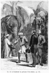 Phileas Fogg framför en elefant, illustration ur Jules Vernes (1828-1905) 
