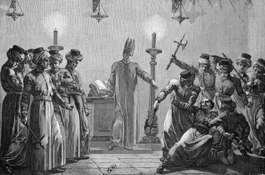 Rituellt mord begånget av daniterna, enligt mormonmotståndarnas anklagelser, tecknat av David och graverat av A. Gusmand